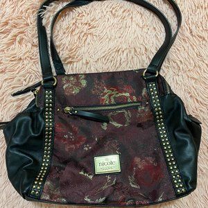 Nicole by Nicole Miller Multi-Pocket Polyester Red and Black Studded Satchel